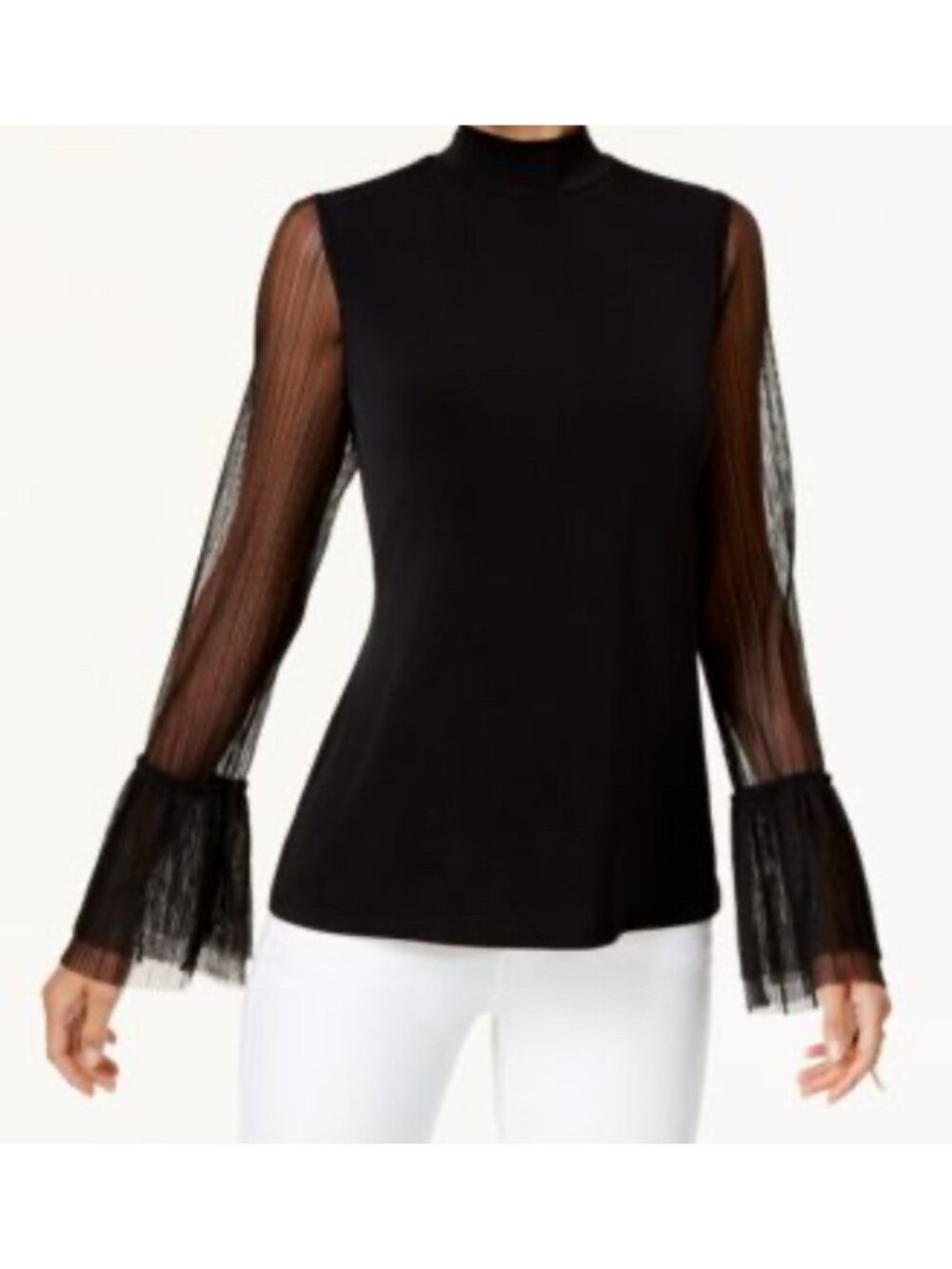Thalia Sodi Womens Top Pullover Sheer Long Sleeves Black Sz L NEW Mock Neck Goth